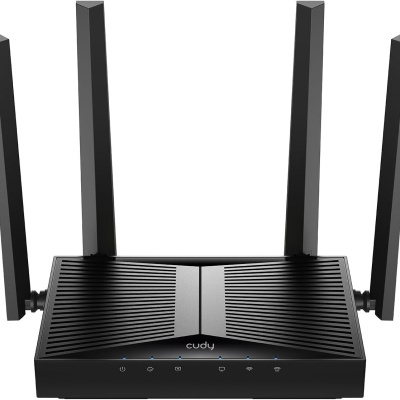 Router wifi preto com quatro antenas e luzes azuis