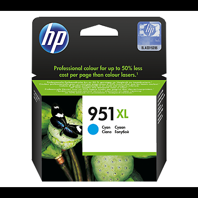 Embalagem de tinta HP 951XL cor ciano com imagem de borboleta e plantas verdes