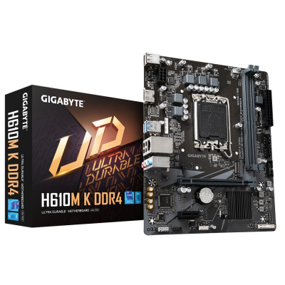 Placa-mãe GIGABYTE H610M K DDR4 e caixa do produto preta com texto