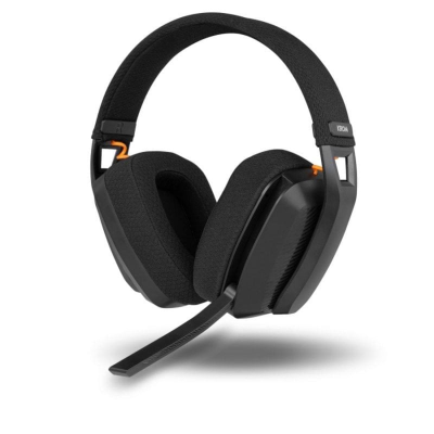 Auscultadores gaming preto com microfone e detalhes em laranja