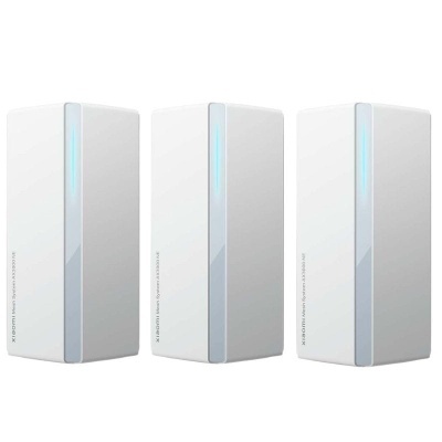 Três unidades do sistema mesh Wi-Fi Xiaomi AX3000 brancas com detalhe de luz azul