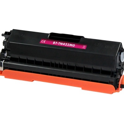 Cartucho de toner preto com etiqueta rosa BT-TN423MG e proteção laranja