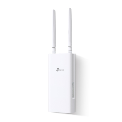 Repetidor Wi-Fi TP-Link branco com duas antenas e indicador luminoso na lateral