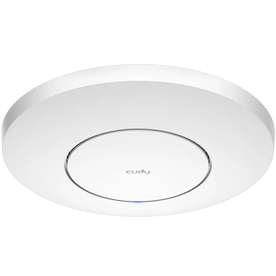 Dispositivo eletrónico branco redondo com marca cudy e indicador LED azul