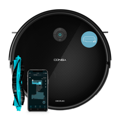 Aspirador robô preto com botão azul e escova destacada ao lado de smartphone com app