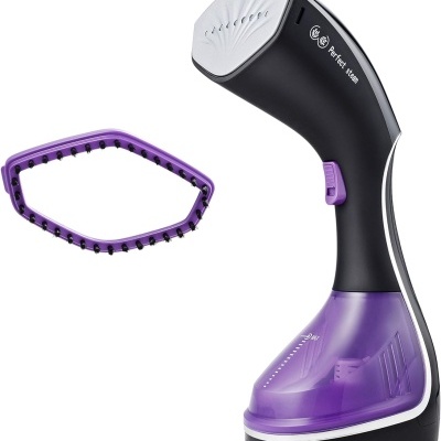 Engomador vertical a vapor portátil preto e roxo com acessório escova