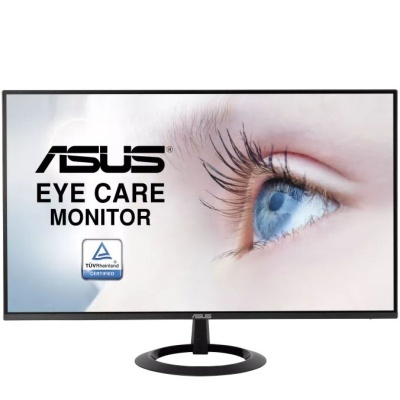 Monitor Asus Eye Care preto com imagem de olho azul e texto no ecrã