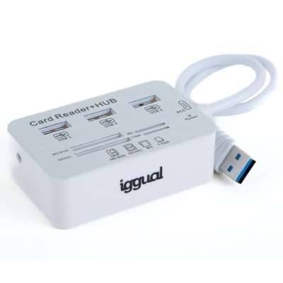 Leitor de cartões e hub USB branco com cabos USB azul e várias entradas para cartões