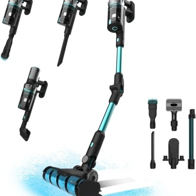 Aspirador sem fios preto e azul turquesa com vários acessórios