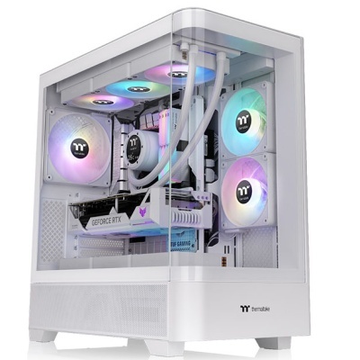 Computador de secretária branca com iluminação RGB e componentes visíveis no interior.