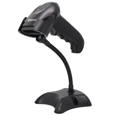 Leitor de código de barras preto com base e pescoço flexível