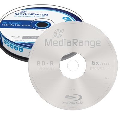 Pacote de discos Blu-ray MediaRange BD-R 25GB 6x speed em embalagem circular com 10 discos.