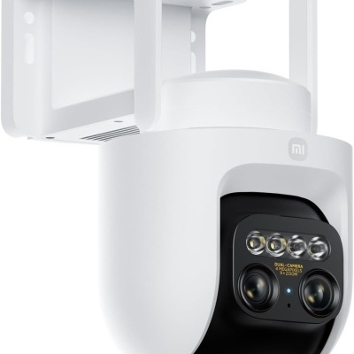 Câmara de segurança branca e preta Xiaomi com duas lentes e quatro LEDs, texto visível no painel frontal