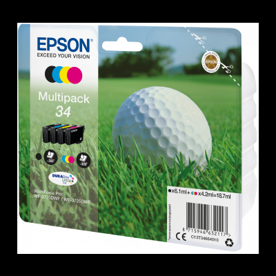 Multipack Epson 34 tinteiros preto, ciano, magenta e amarelo em embalagem com bola de golfe