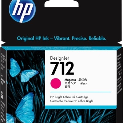 Embalagem de tinta HP DesignJet 712 magenta com borboletas azuis