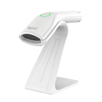 Leitor de código barras portátil branco com base e texto iggual