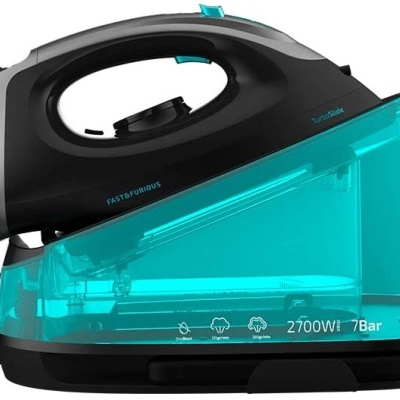 Ferro a vapor azul e preto com base transparente e texto indicador de potência e pressão.