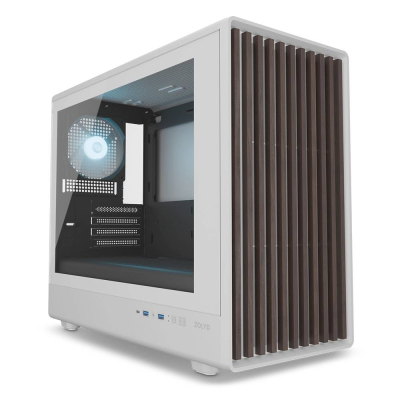 Caixa de computador branca com painel lateral de vidro e grelha de madeira