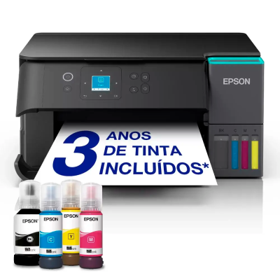 Impressora Epson preta com frascos de tinta colorida e papel impresso.