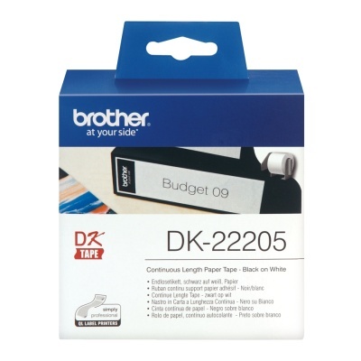 Caixa de fita de papel Brother DK-22205 preta em fundo branco