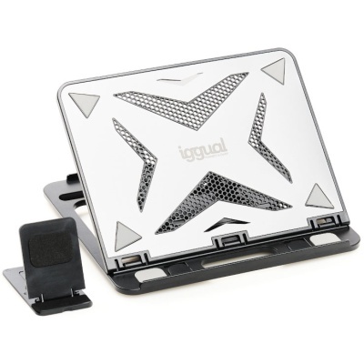 Suporte para portátil metálico prateado com ventilação e suporte pequeno preto