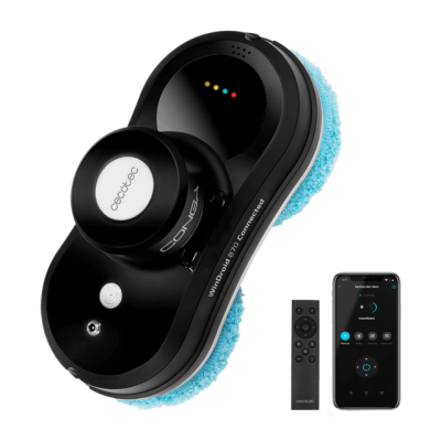 Robô limpa-vidros preto com esponja azul, controlo remoto e smartphone