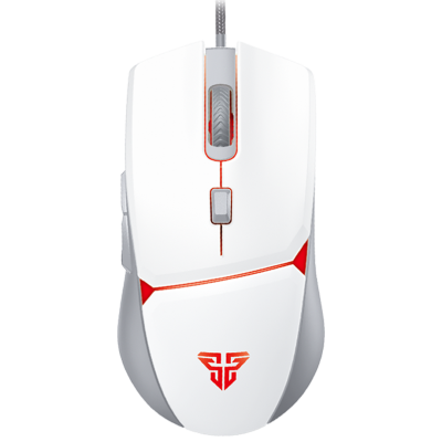 Rato de computador branco com detalhes vermelhos e fio cinzento