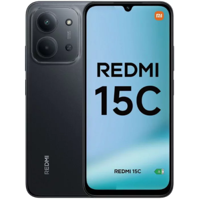 Smartphone Redmi 15C preto com câmara dupla e ecrã azul