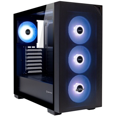 Caixa de computador preta com ventoinhas azuis iluminadas e painel de vidro temperado