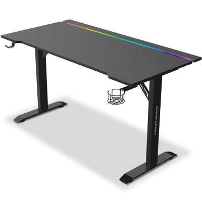 Mesa de gaming preta com faixa RGB e suportes laterais