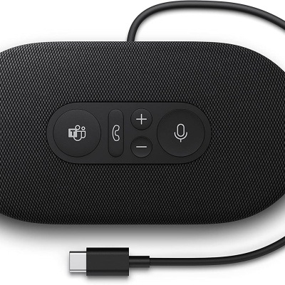 Coluna de som portátil preta com botões e cabo USB-C