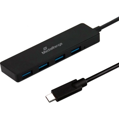 Hub USB preto MediaRange com 4 portas USB 3.0 e cabo USB-C
