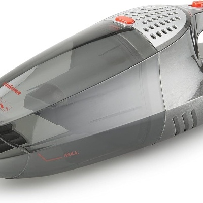 aspirador de pó portátil cinza e preto com botões vermelhos