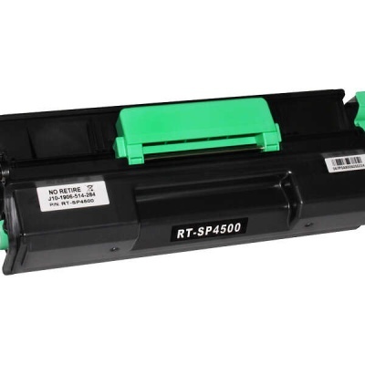 Cartucho de toner preto com componentes verdes e etiquetas