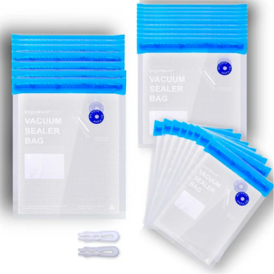 Conjunto de sacos para selagem a vácuo com fecho azul e acessórios para selagem