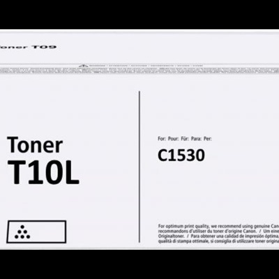 Caixa branca de toner Canon T10L para impressora C1530 com texto preto e ícones de cores