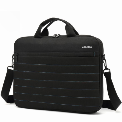 Mala de laptop preta com costuras azuis e alça de ombro.