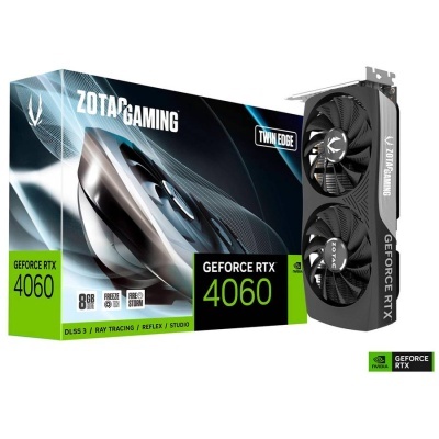 Placa gráfica ZOTAC GAMING GeForce RTX 4060 com dois ventiladores e caixa associada
