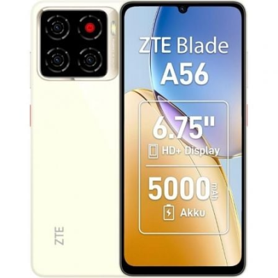 Smartphone ZTE Blade A56 creme com módulo de câmara quadrado e ecrã com especificações