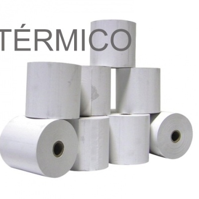 Rolos de papel térmico branco empilhados com texto TÉRMICO