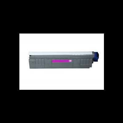 Toner de impressora cinzento com rótulo cor-de-rosa e detalhes azuis