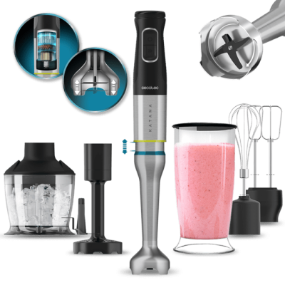 Varinha mágica Cecotec Katana com acessórios e copo com bebida rosa