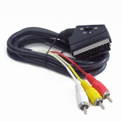 Cabo com conector SCART e três conectores RCA vermelho, amarelo e branco