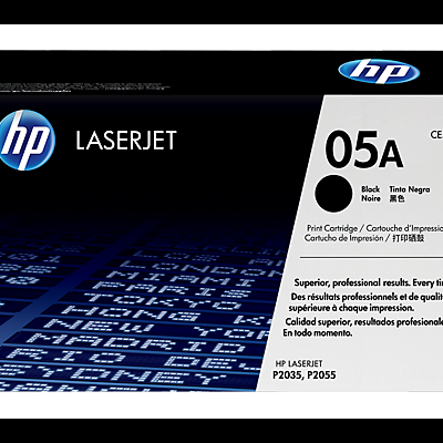 Embalagem preta e branca de cartucho de impressora HP LaserJet 05A CE505A.
