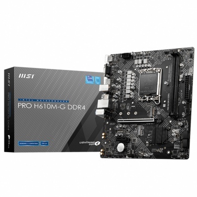 Placa-mãe MSI PRO H610M-G DDR4 e embalagem cinzenta com texto