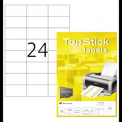 Pacote de etiquetas adesivas TopStick labels em fundo amarelo com impressora e folha de etiquetas