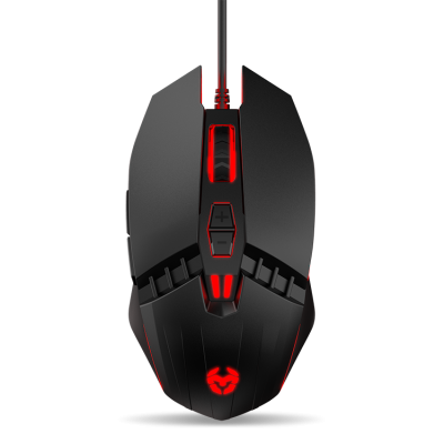 Rato gaming preto com iluminação vermelha e botões adicionais.