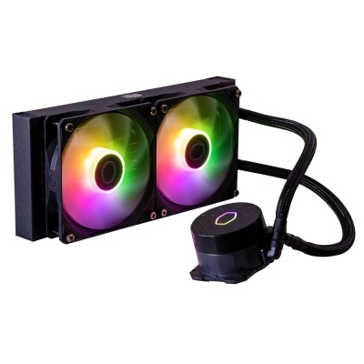 Sistema de refrigeração líquida para PC com ventiladores RGB coloridos e bomba preta.