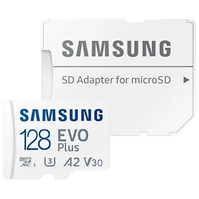 Cartão microSD Samsung 128 EVO Plus e adaptador SD branco com texto técnico