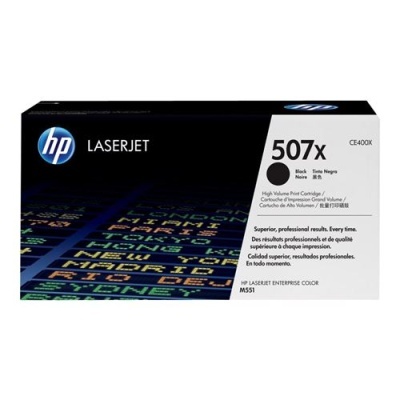Embalagem de cartucho de toner HP LaserJet 507X preto com design colorido